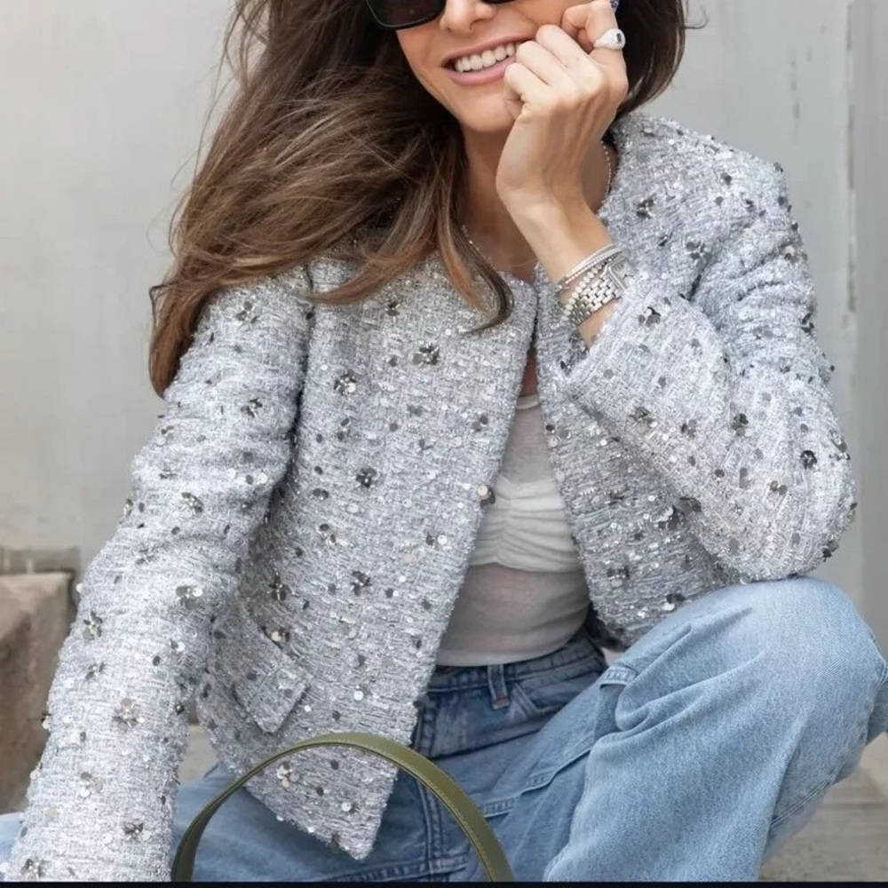 Zara sequin tweed blazer blogger favorite